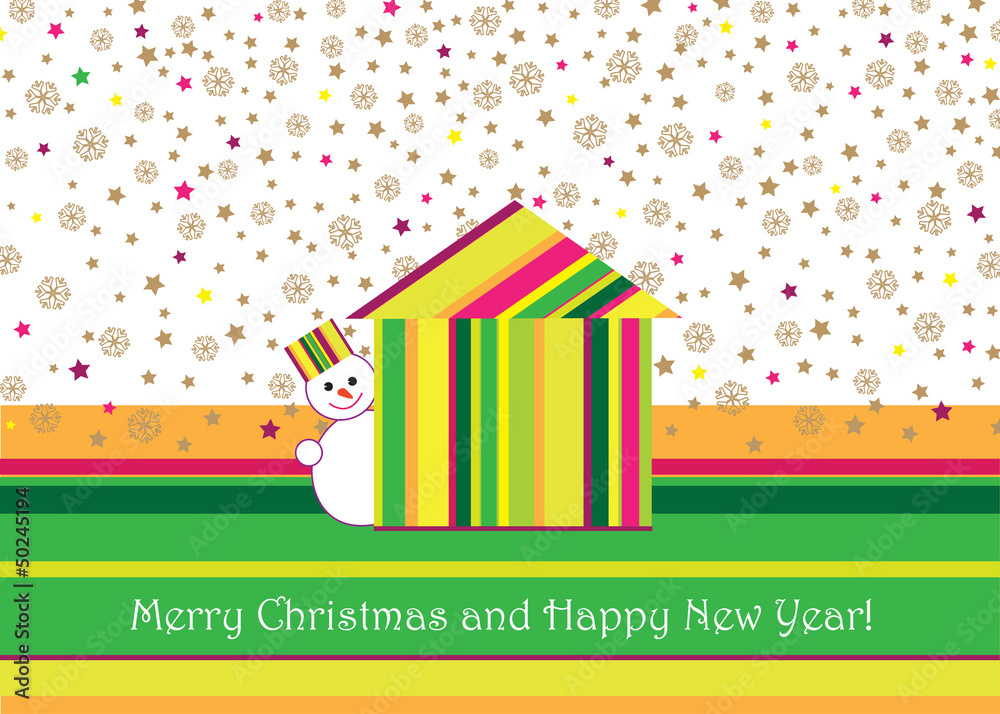 Fototapeta premium Christmas and New Year greeting card with snowman and house