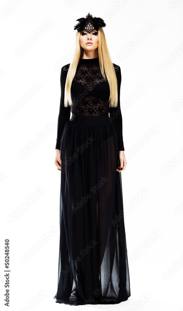 Blonde in Black Dress and Headwear with Feathers. Art Design Blonde in Black Dress and Headwear with Feathers. Art Design