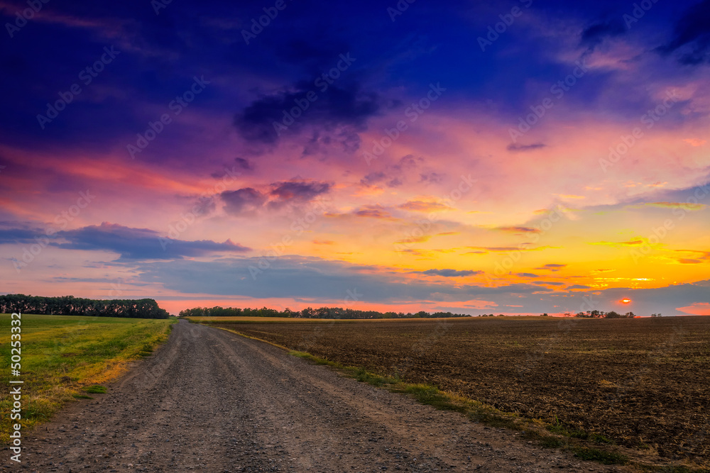 Road in meadows and beautiful sunset