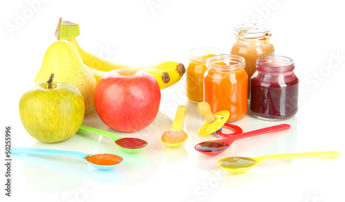 Baby puree with fruits isolated on white