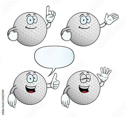 Collection of smiling golf balls with various gestures.