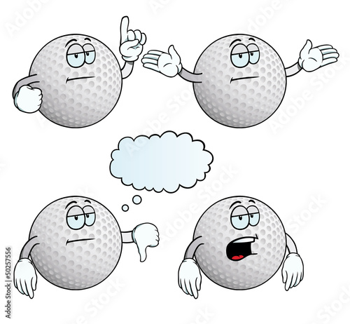Collection of bored golf balls with various gestures.