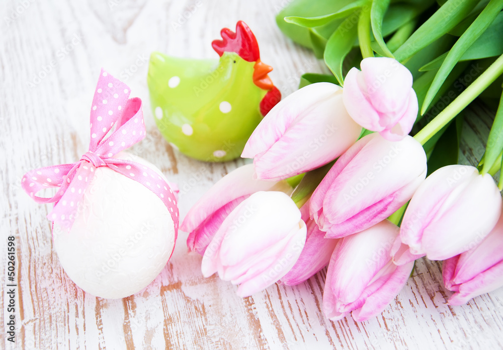 Pink tulips and easter egg