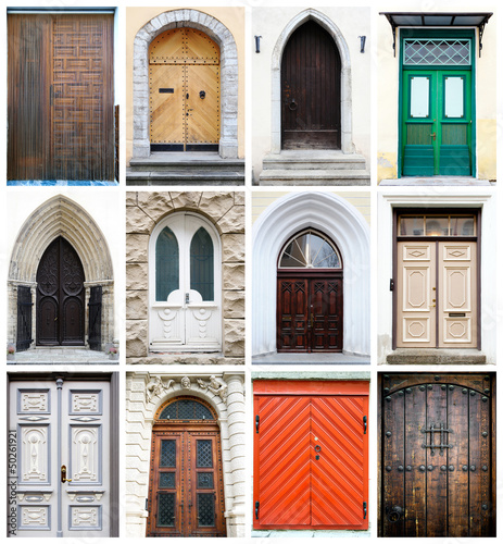 Collage of old-fashioned multicolored doors