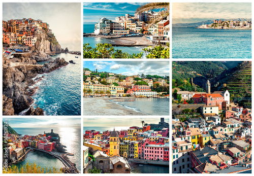 Collage of most famous landmarks in Italy. Italian Riviera