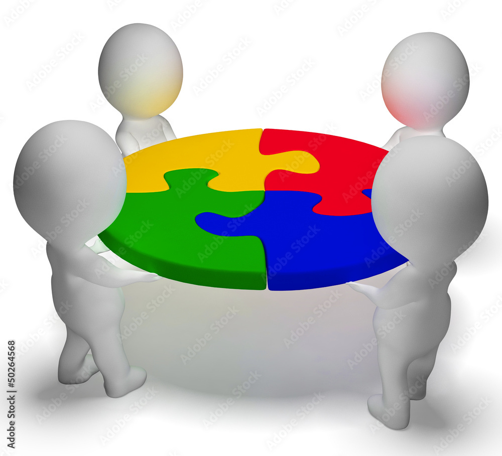 Puzzle Solved And 3d Characters Showing Team And Teamwork Puzzle Solved And 3d Characters Showing Team And Teamwork