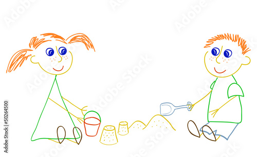 Girl and boy playing with sand