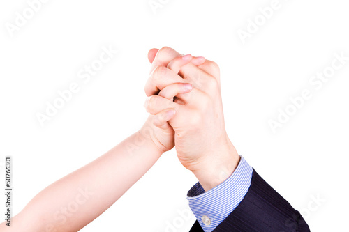 Child holding father's hand. Trust, togethterness concept.