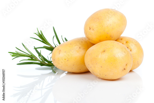 New potato with rosemary, isolated on white background