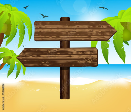 arrow blank wooden sign on beach and palms
