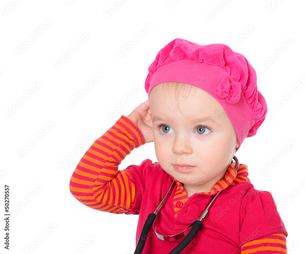 Sweet baby girl with phonendoscope isolated on a white backgroun Sweet baby girl with phonendoscope isolated on a white backgroun
