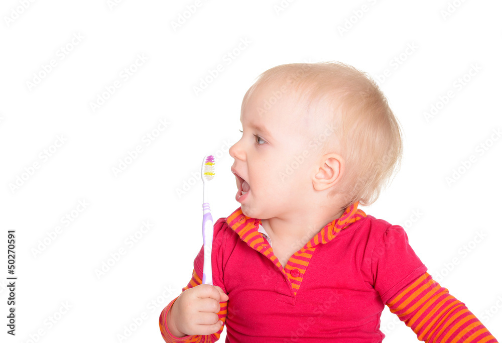 Little baby girl with toothbrush isolated on white background Little baby girl with toothbrush isolated on white background