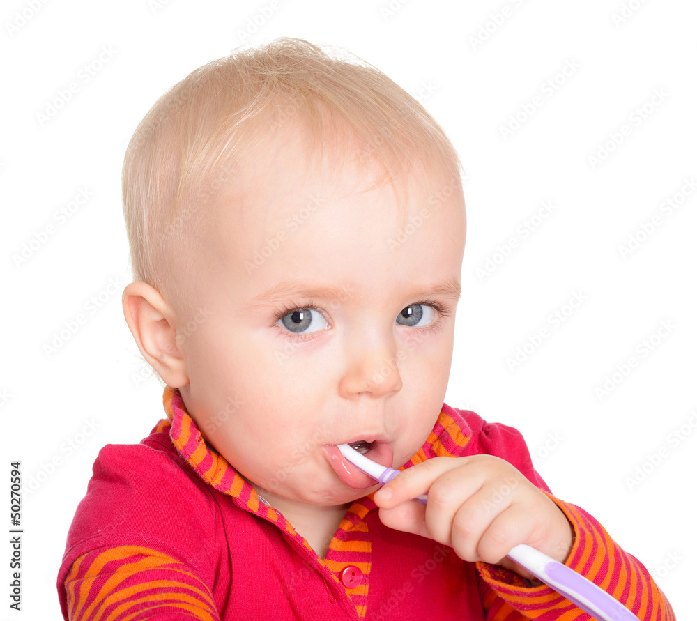 Little baby girl with toothbrush isolated on white background Little baby girl with toothbrush isolated on white background