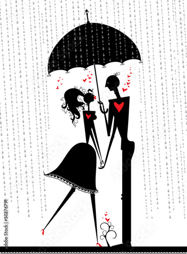 Couple of lovers are hiding from the rain under an umbrella