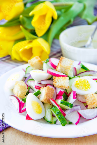 Spring salad with radishes, cucumbers, eggs and crouton