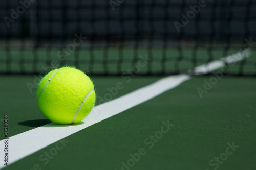 Tennis Ball with Net in the Background