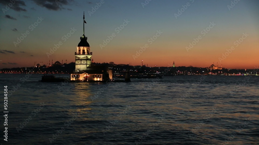 sunset maiden tower with passenger ship sunset maiden tower with passenger ship