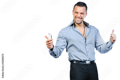 Successful gesturing man with mobile phone, isolated over white