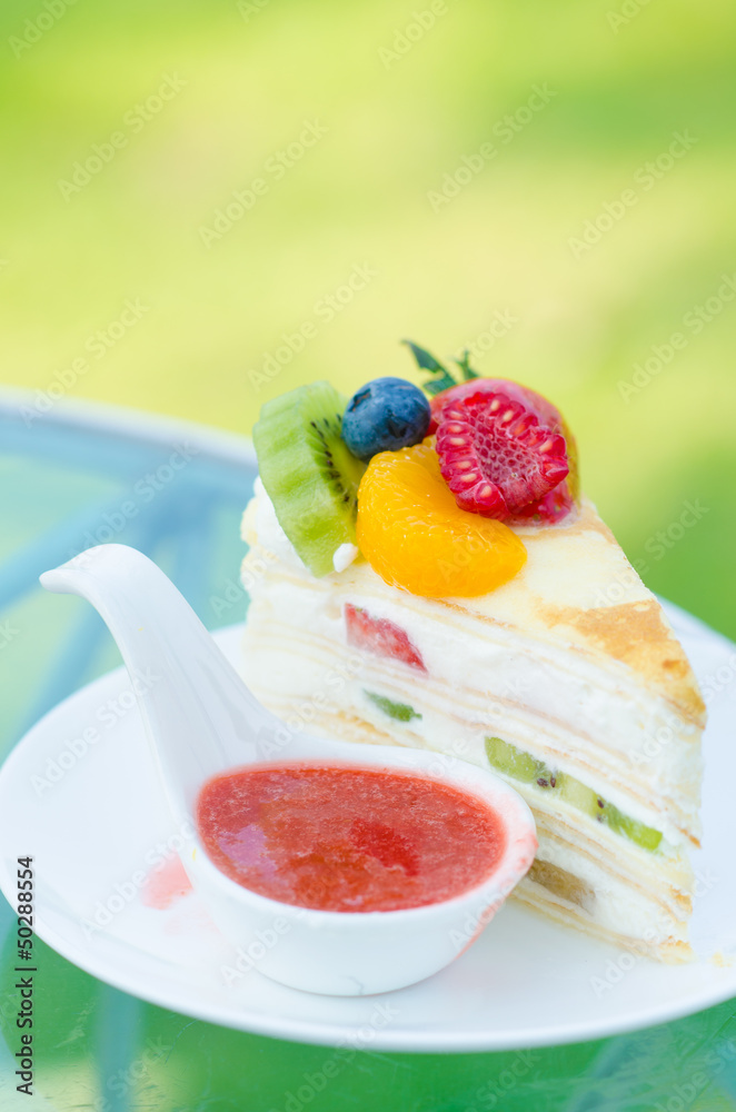 sweet cake with fruits on plate sweet cake with fruits on plate