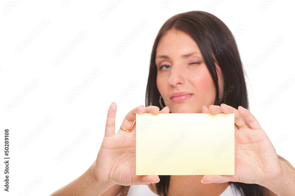 Gift card. Excited woman showing empty blank paper card sign Gift card. Excited woman showing empty blank paper card sign