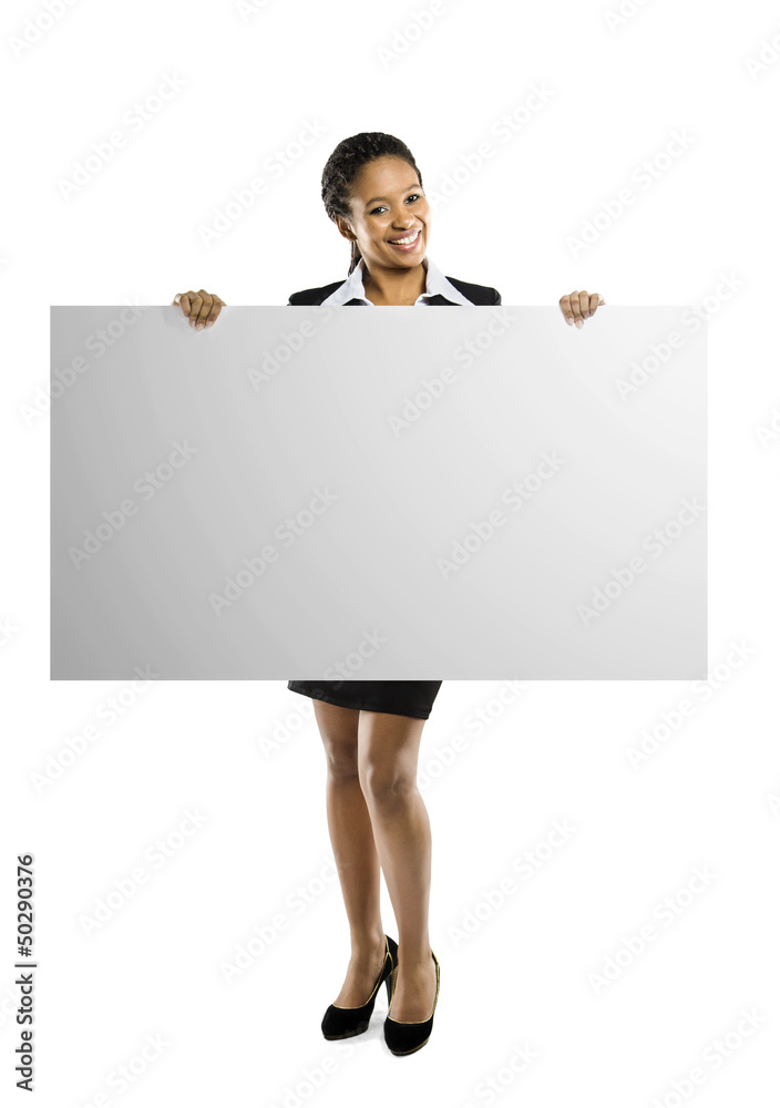 Young African American woman holding blank sign Young African American woman holding blank sign