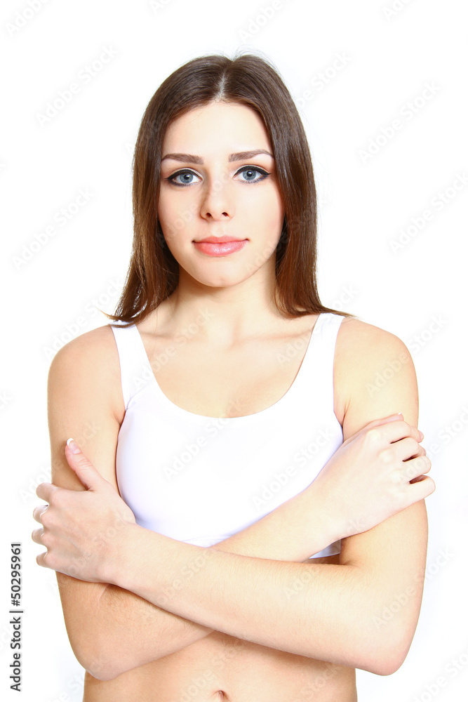 Attractive fitness woman in lingerie on the white background Attractive fitness woman in lingerie on the white background