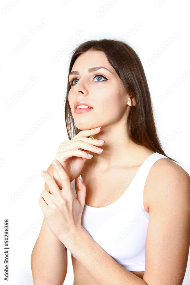 portrait of young beautiful woman on white background portrait of young beautiful woman on white background