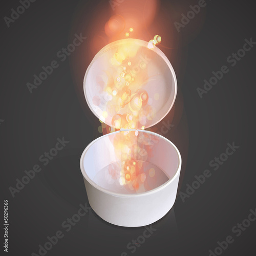 Open white box with a glow of light. Vector illustration. 