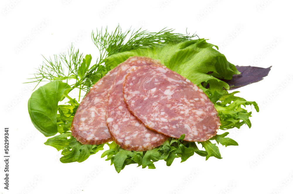 Sausages with salad and basil Sausages with salad and basil