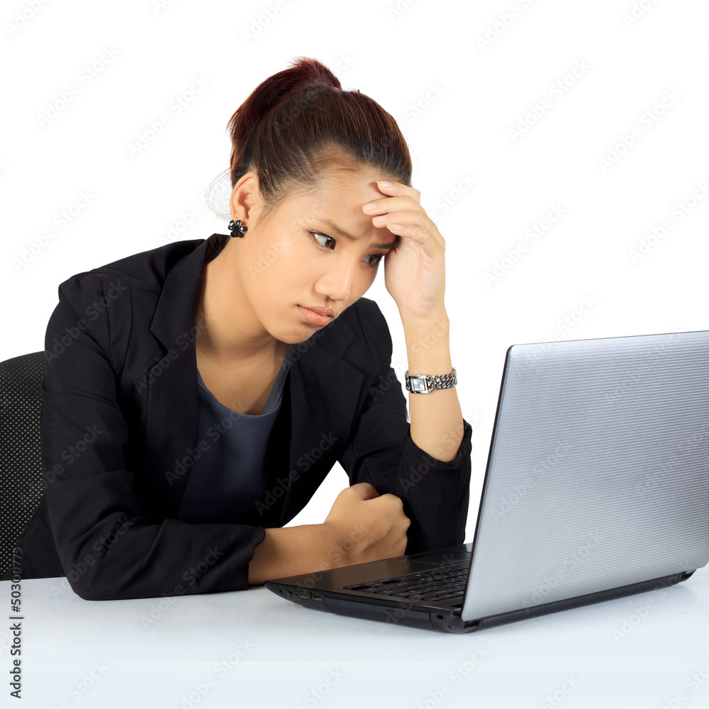 Isolated young business woman with unhappy expression on white. Isolated young business woman with unhappy expression on white.