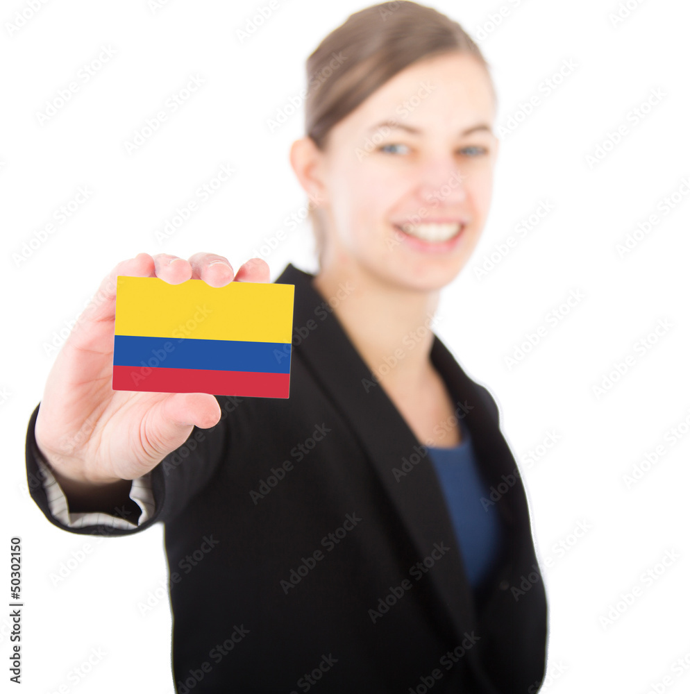 business woman holding a card with the Colombian flag business woman holding a card with the Colombian flag
