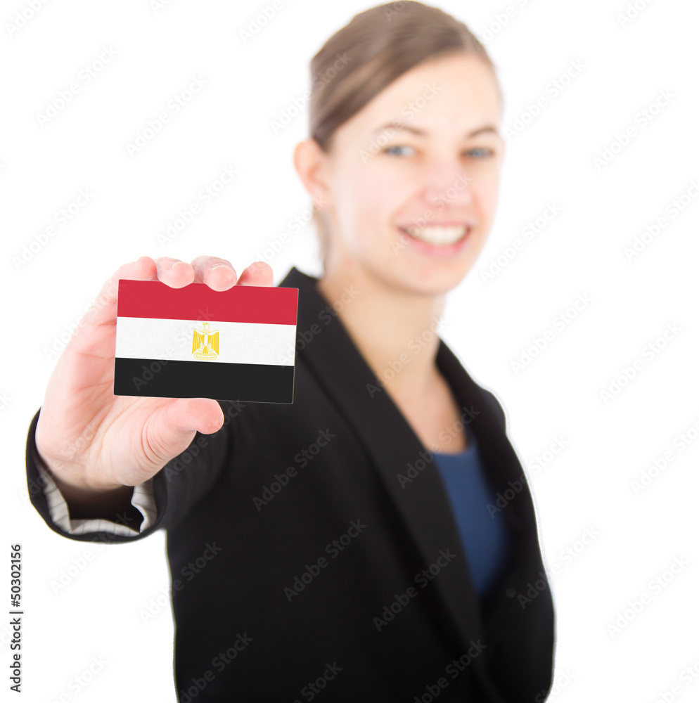 business woman holding a card with the Egyptian flag business woman holding a card with the Egyptian flag