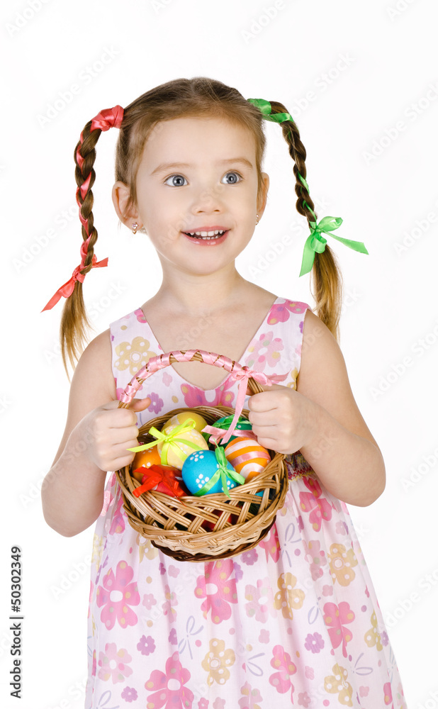 Smiling little girl with basket full of colorful easter eggs iso Smiling little girl with basket full of colorful easter eggs iso