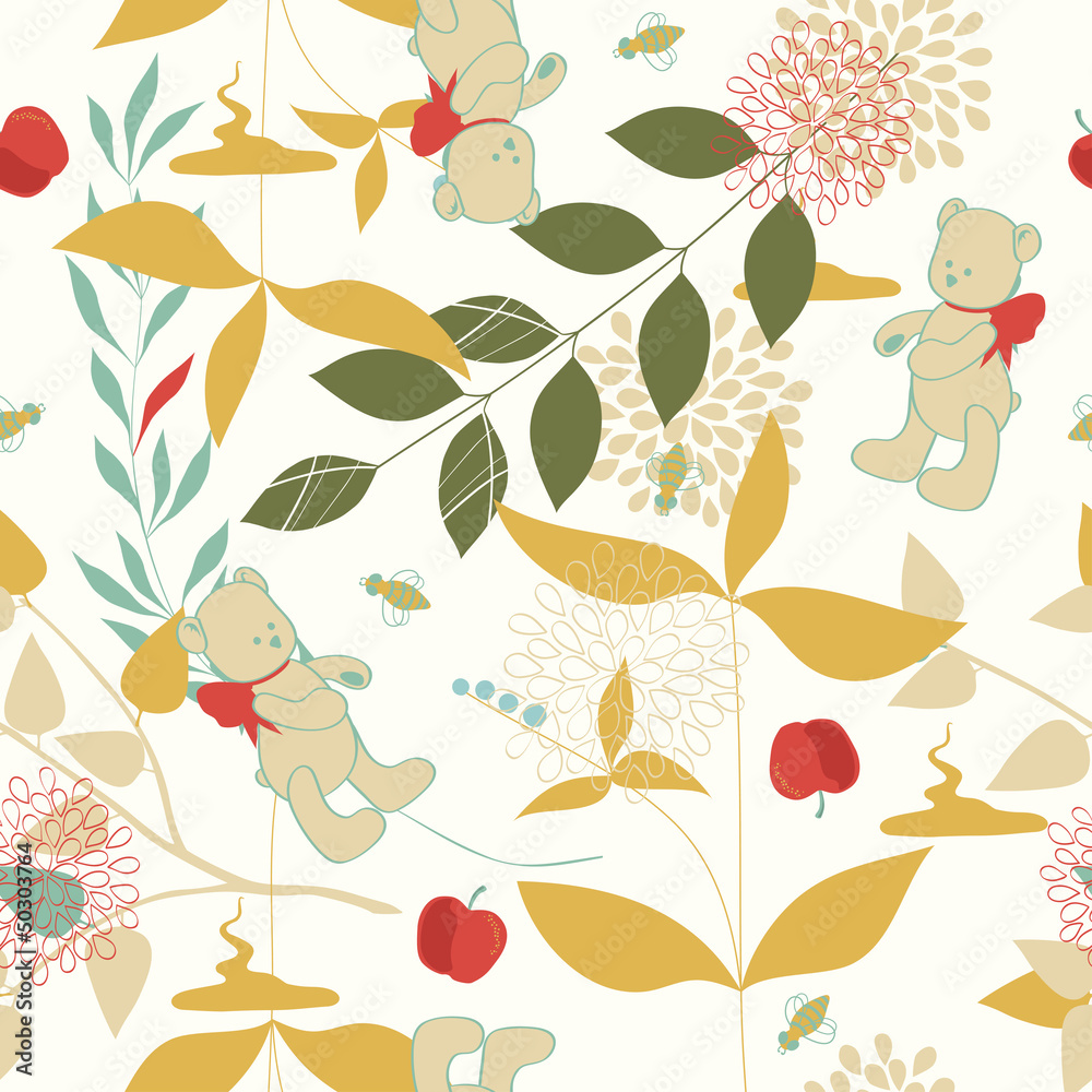 Vector Seamless Pattern with Leaves and Teddy Bears