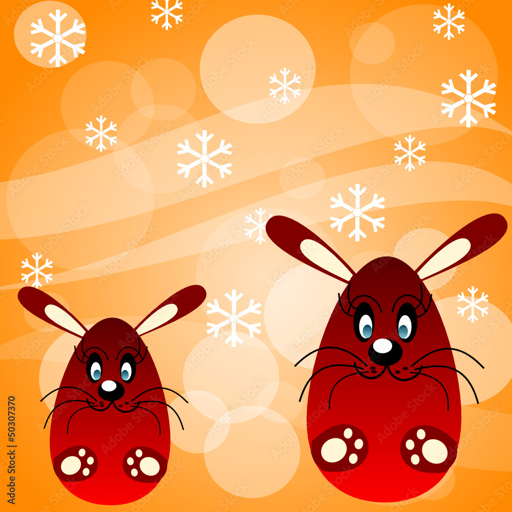 Fondo arancione con fiocchi di neve e conigli