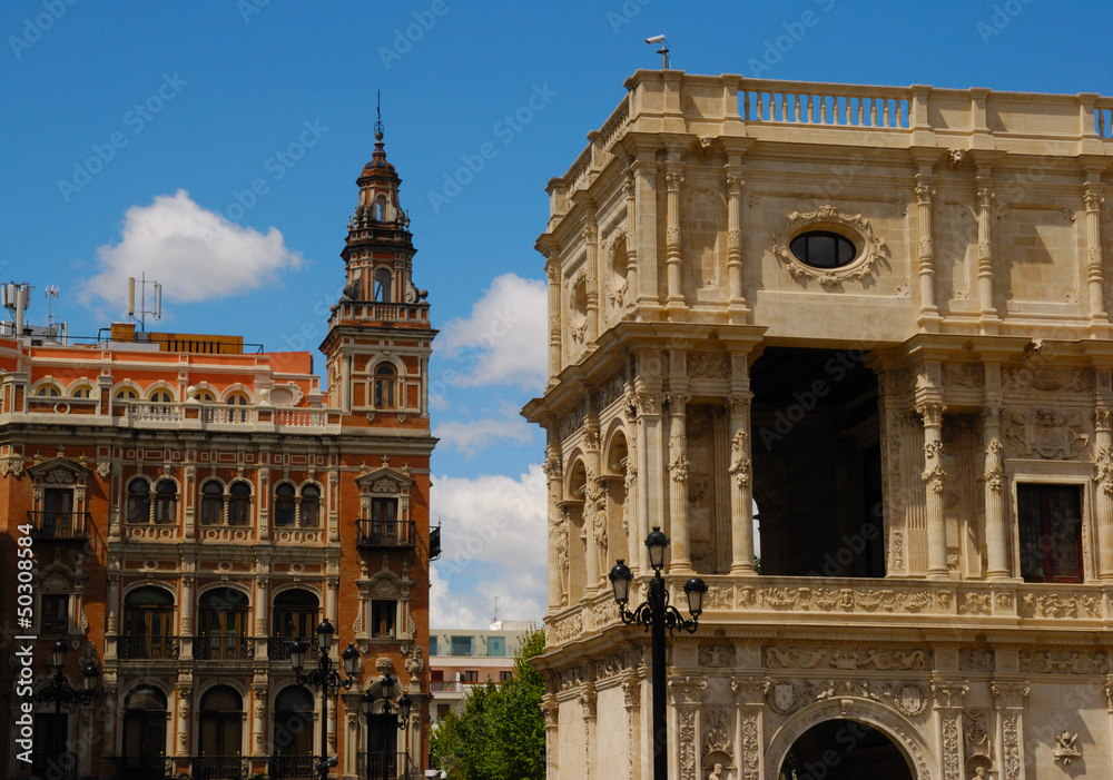 Beautiful buildings in the historic center of Seville, Spain.