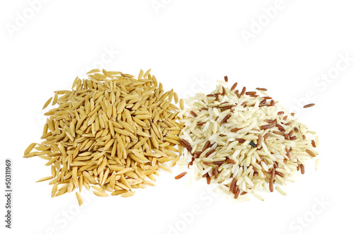 paddy and mix brown rice isolated on white.