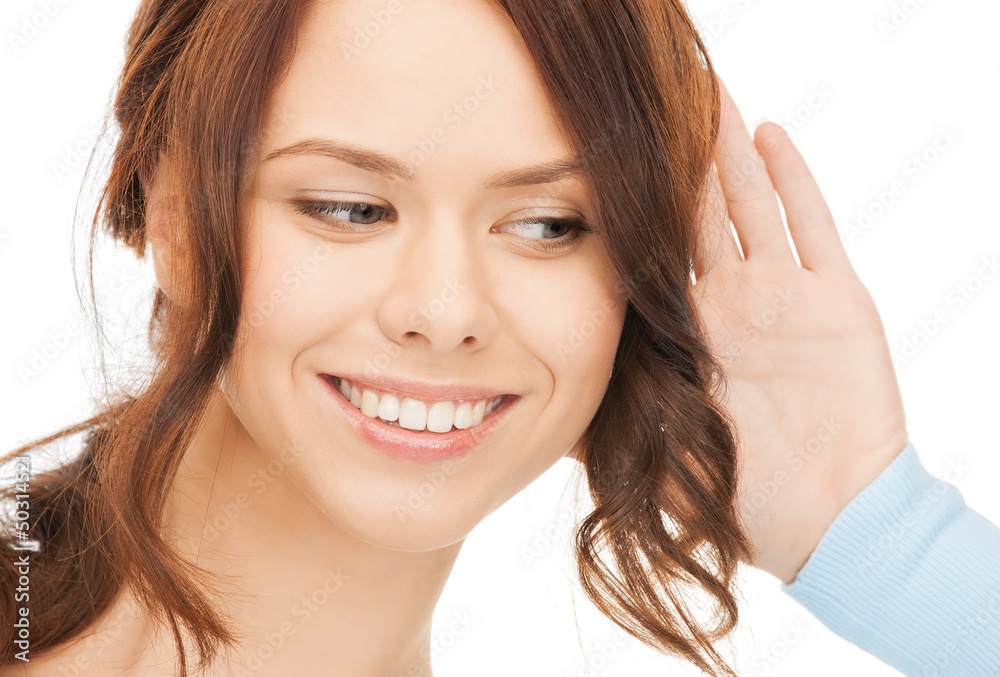 Naklejka premium happy woman listening gossip