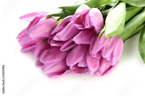 Beautiful bouquet of purple tulips  isolated on white