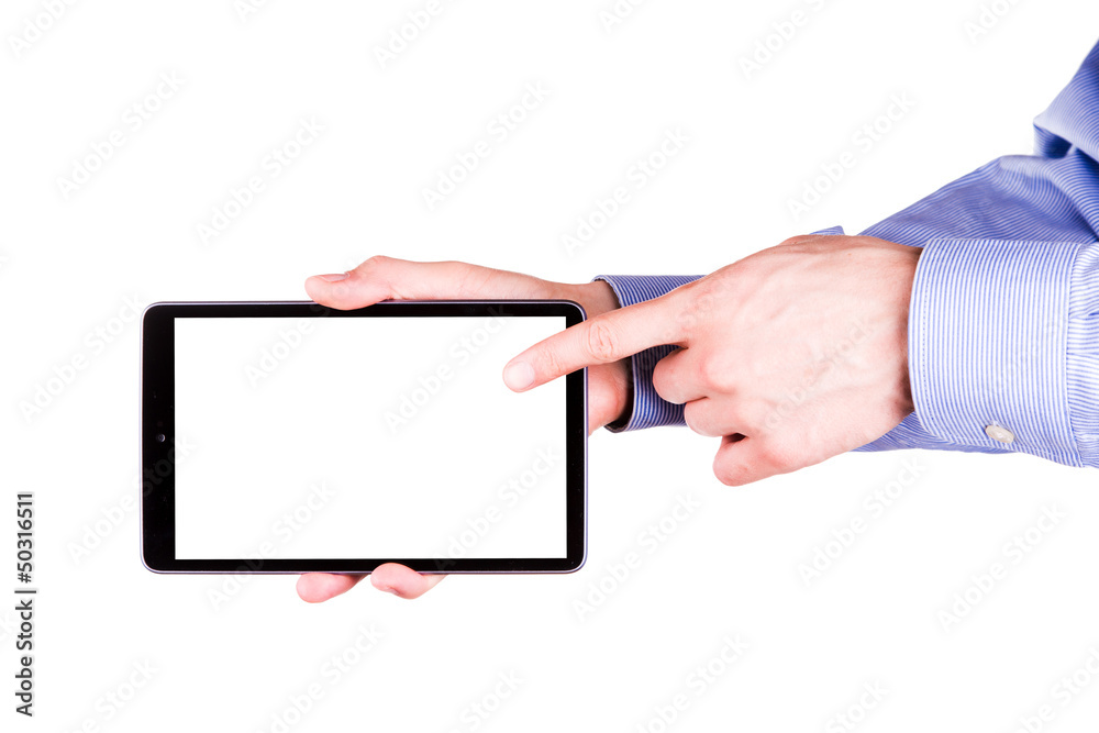 Obraz premium Male hand holding a tablet PC with space for you text