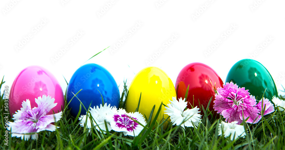 Easter eggs on green grass over white background