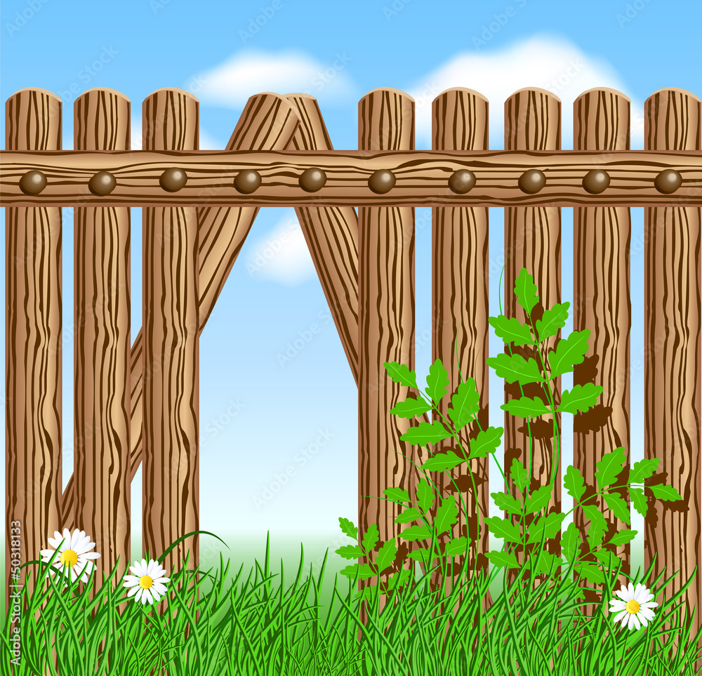 Fototapeta premium Wooden fence on green grass with daisy