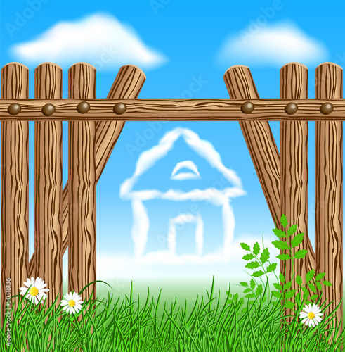 Wooden fence and clouds house