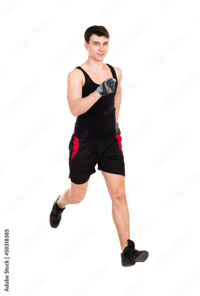 male athlete running isolated on white background