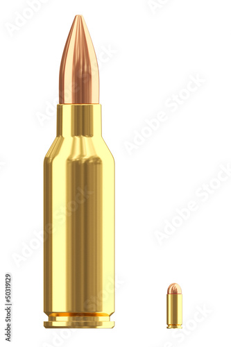 Big and small ammo cartridges on white
