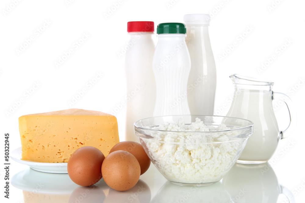 Dairy products and eggs isolated on white Dairy products and eggs isolated on white