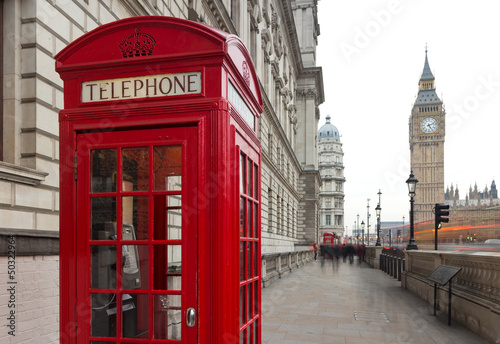 A view of Big Ben and a classic red phone box in London, United