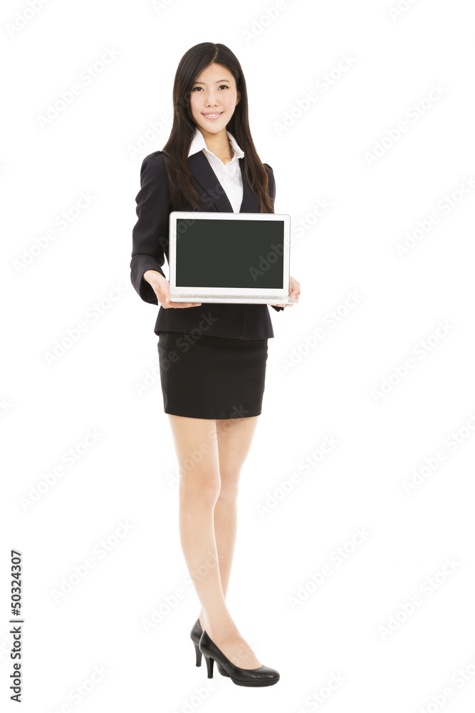 full length asian businesswoman holding laptop isolated on white full length asian businesswoman holding laptop isolated on white
