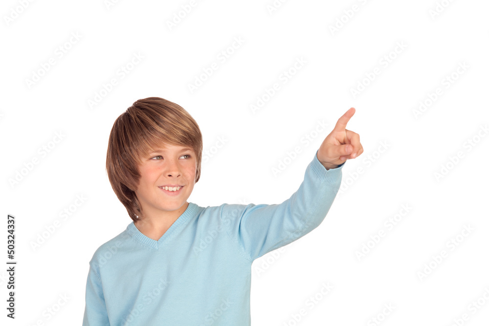 Happy preteen boy pointing something Happy preteen boy pointing something