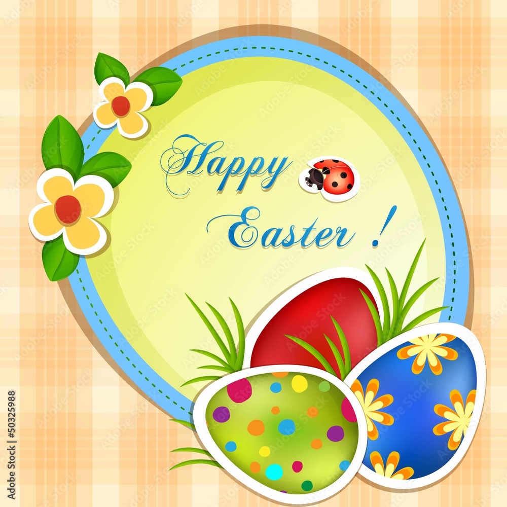Easter greeting card with eggs and flowers.